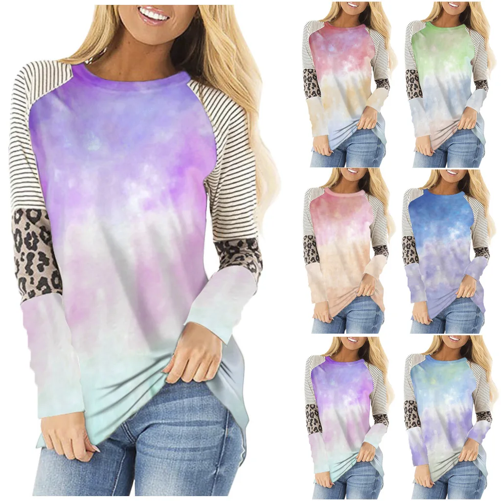 

Ladies leopard print tie-dye plus size long-sleeved round neck pullover Tshirt