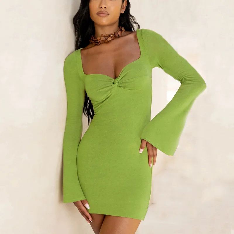 

Женское облегающее платье с расклешенными рукавами, однотонное офисное платье с V-образным вырезом и длинным рукавом Вечерние Повседневная...