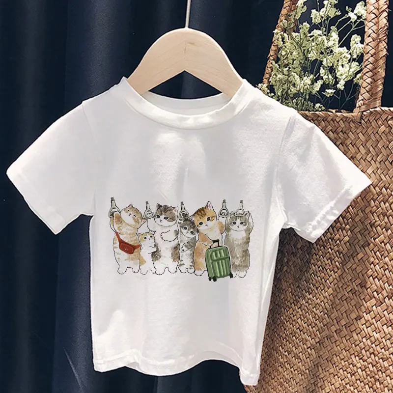 

New 2021 Girl Summer Princess T-Shirt Childen Tees Shirt Warm Cat Family Sweet Print T Shirt Kid Birthday Top Clothing Cartoon