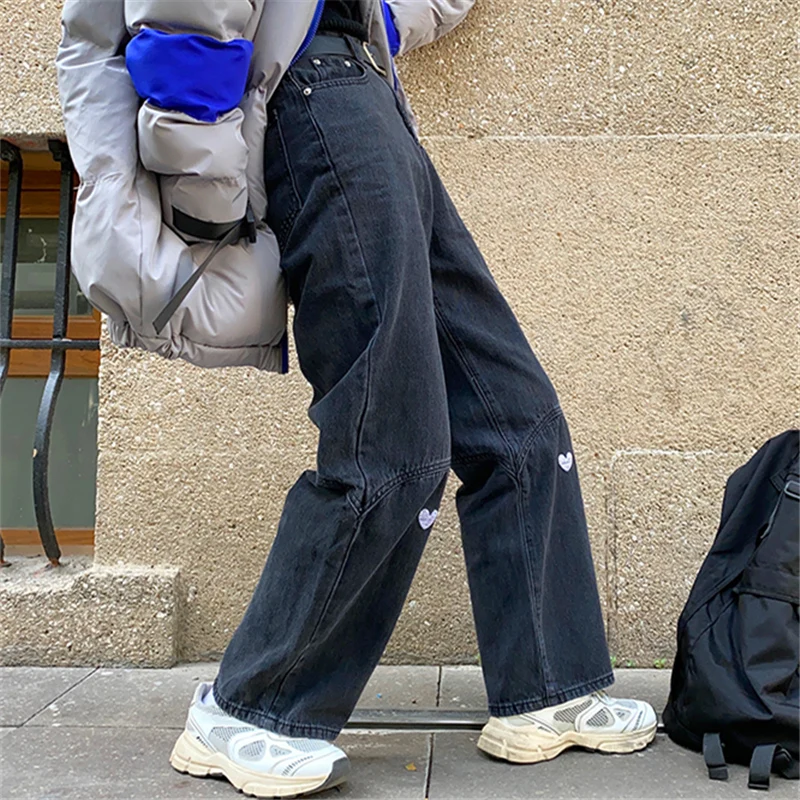 

Шикарные ретро-джинсы в гонконгском стиле с вышивкой Love для женщин зимние модные свободные прямые широкие штаны с высокой талией