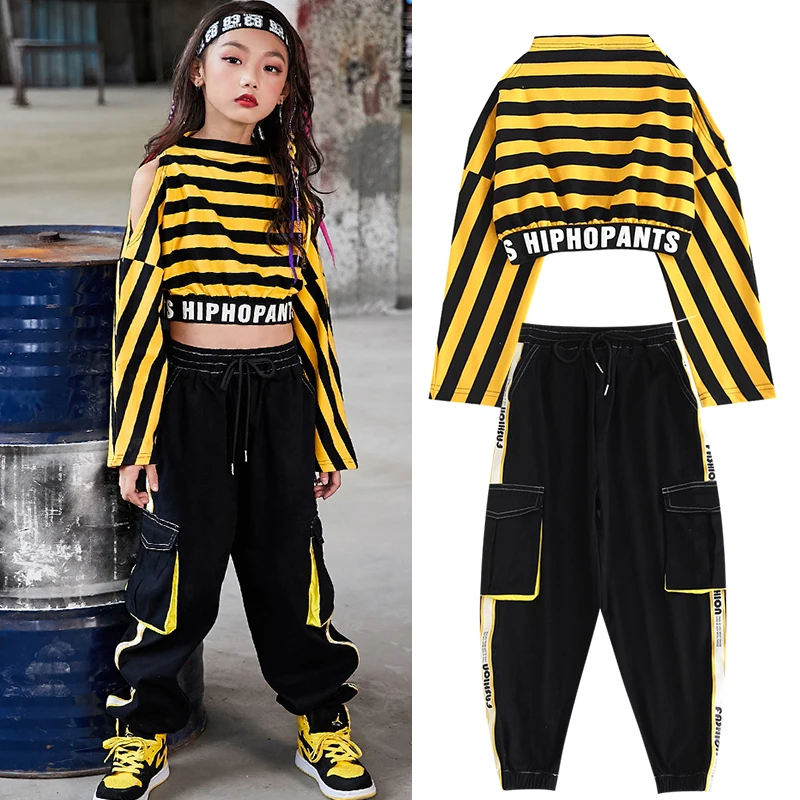 

Girls Jazz Dance Costumes Long Sleeved Cargo Pants Hip Hop Clothing Girls Cheerleader Costume Kids Street Dance Outfits DN4497