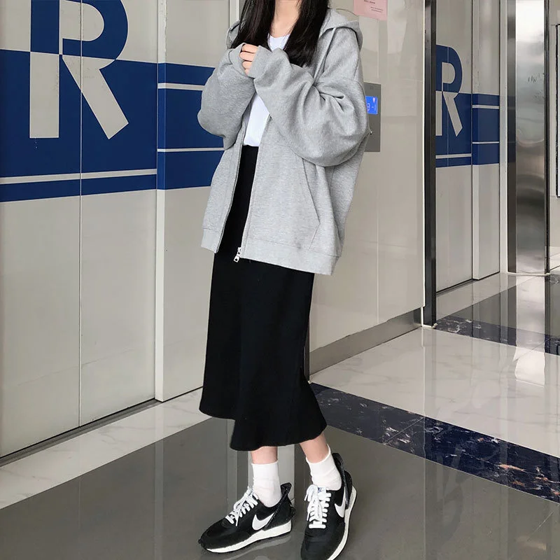 Серый свитшот с капюшоном кардиган на молнии в Корейском стиле | Женская одежда