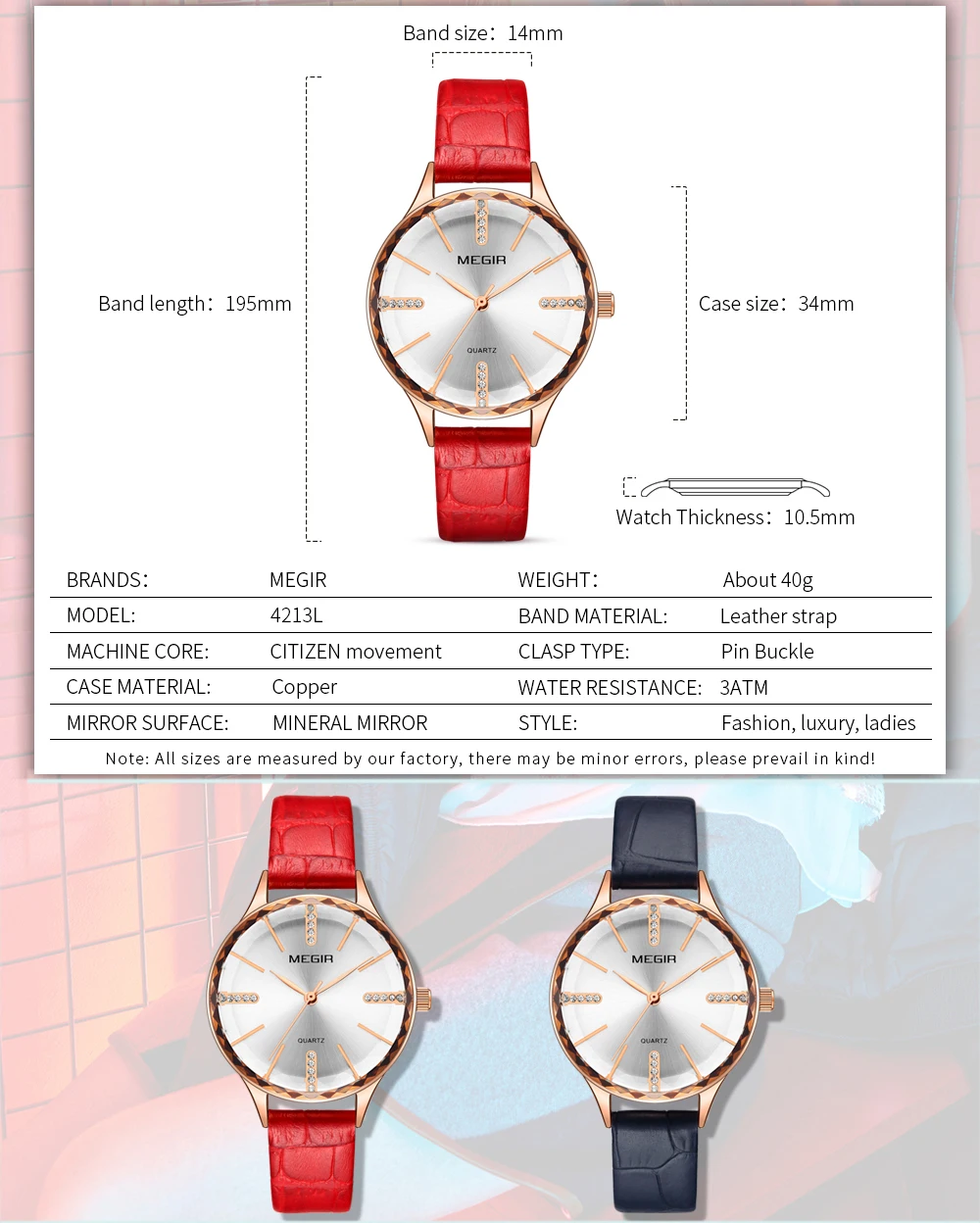 MEGIR Elegant Dress Women Watches Top Brand Luxury Quartz Ladies Watch Crystal Simple Dial Red Leather Strap Clock Waterproof | Наручные