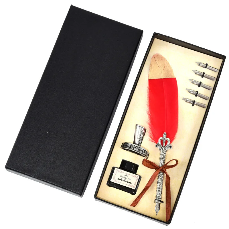 

Luxury Calligraphy Feather Dip Pen 1.0mm Writing Ink Set Stationery Metal Fountain Pen Set Gift Box with 5 Nib Wedding Quill Pen