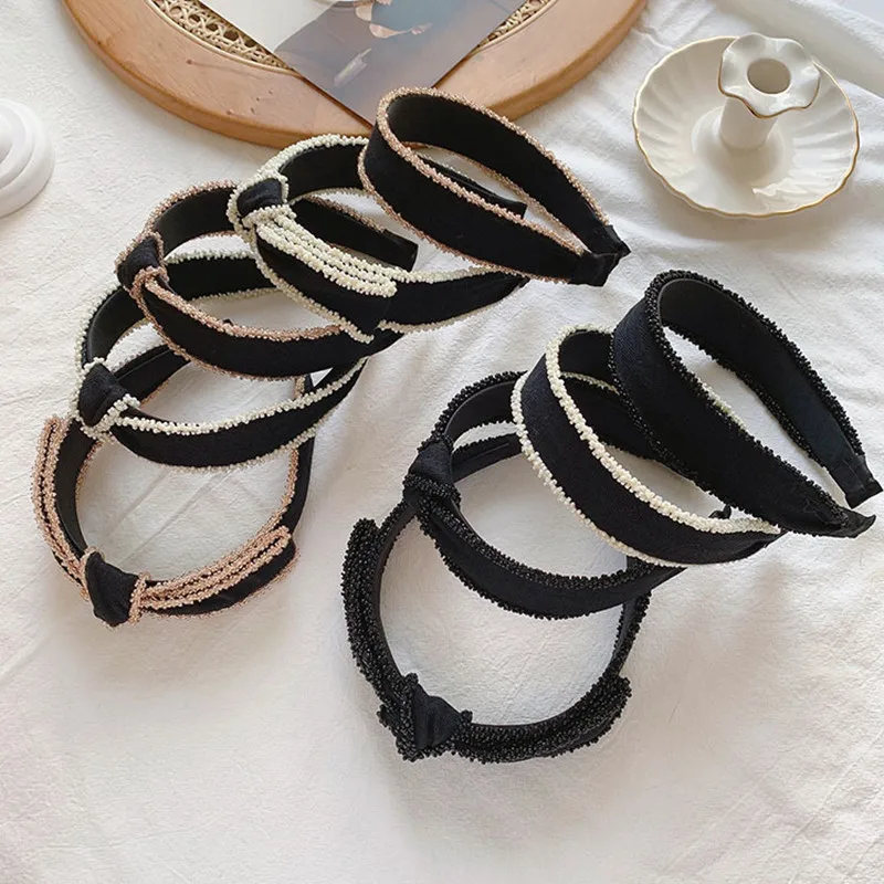 

Black pearl bow headband retro hair accessories women wide side knotted headband hair band wild face wash headwear fashion new