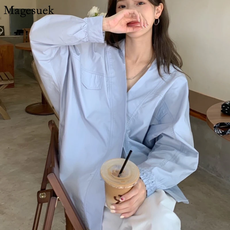 

Casual Loose V-neck Cotton Shirt Women Loose Women Blouse Autumn New Long Batwing Sleeve Ladies Tops Clothes Blusa Mujer 17635