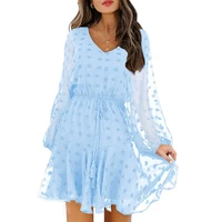 summer dot print elegant chiffon dress women casual long sleeve v neck dot lace up dress woman wear blue ruffles party dresses