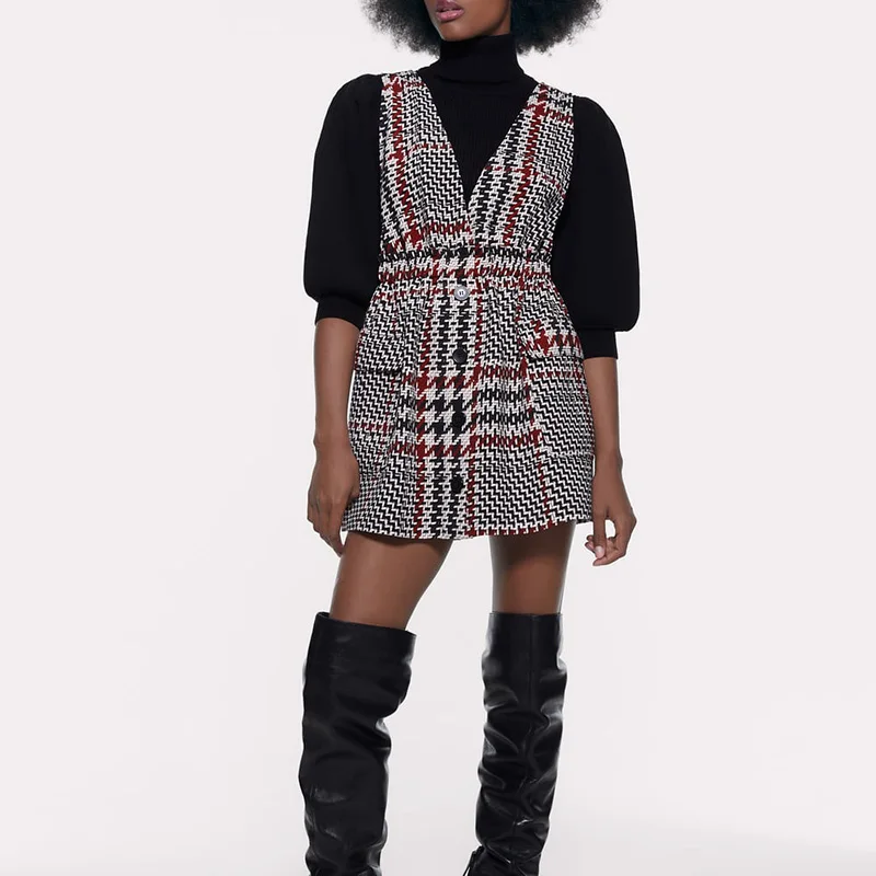 Женское винтажное мини-платье в клетку без рукавов с v-образным вырезом и