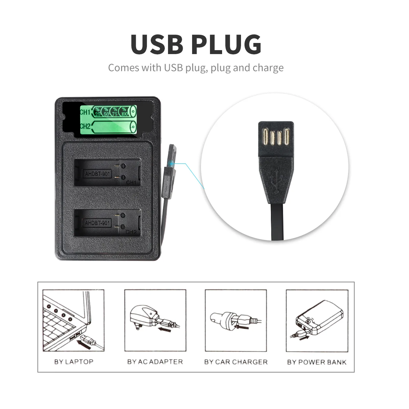 

2021 High Quality Fast Charging Support Accessories For Go-pro Hero9 Black Dual Channel Battery Charger Lcd Display Type C Cable