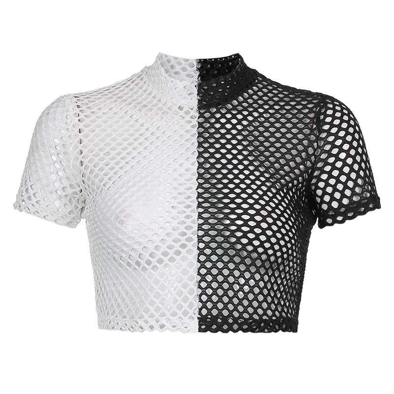 

Street women's clothing dark grid stitching contrast color perspective short-sleeved T-shirt top women