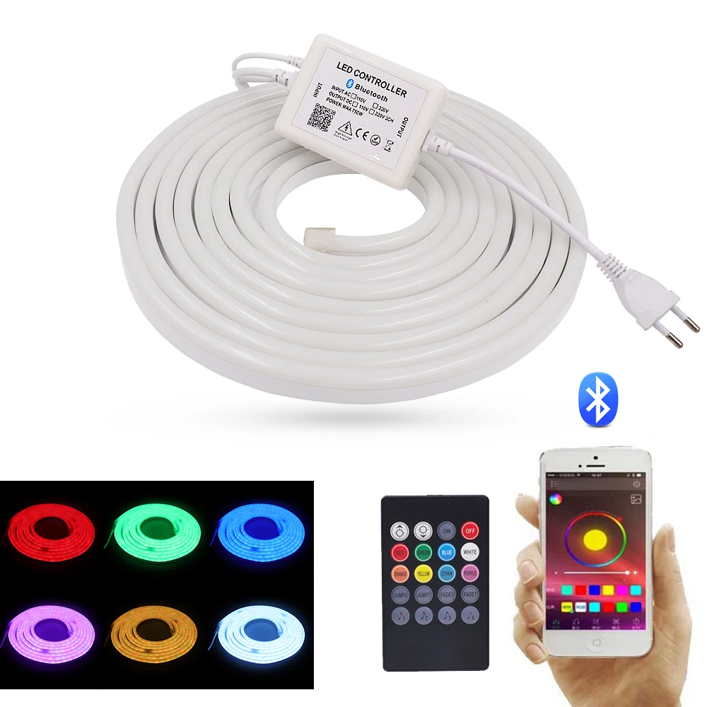 

Гибкая неосветильник Светодиодная лента, 220 В, 5050, RGB, с пультом дистанционного управления Bluetooth, водонепроницаемая, гибкая