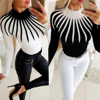 fashion hit color half turtleneck bottoming sweater tops body slim bottoming geometric pattern blouse