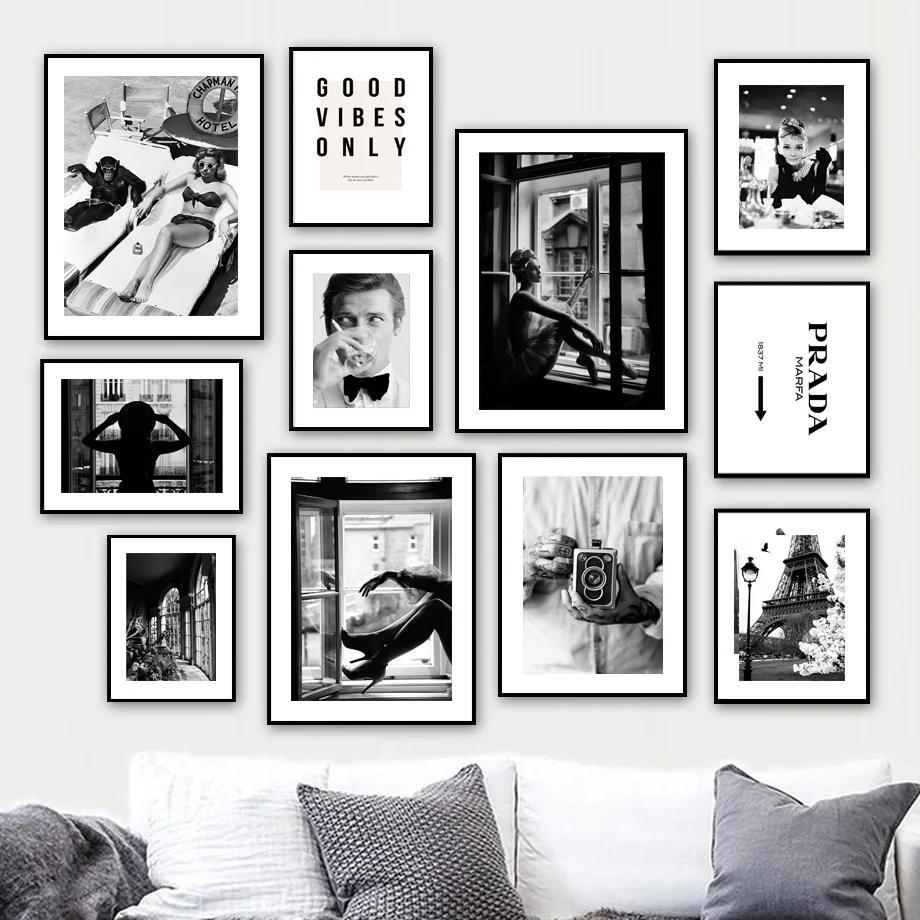 Ретро фильм звезда Мода девушка черная белая стена искусство холст живопись