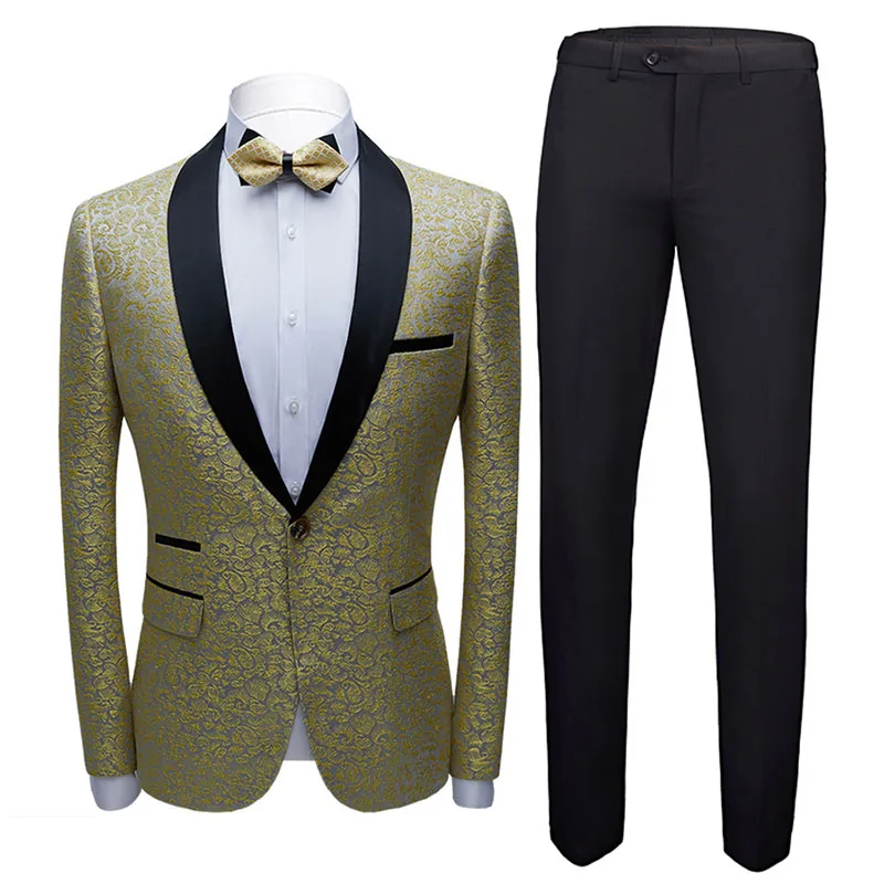 

Banquet Men Stage Tuxedos Costume Slim Fit Gold Jacquard Suits Party Prom Nightclub Singer Host Dancer Ball 2 Pieces Shawl Lapel