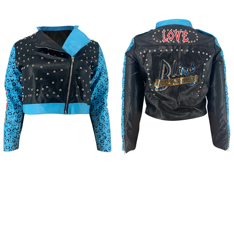 Autumn hot sale rivet leopard print letters stitching street trend motorcycle clothing plus size women's leather clothing