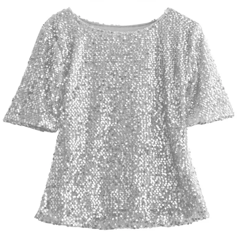 Women Ladies Glistening Sequin Slim T-Shirt Tops Summer Casual Short Sleeve T Shirts | Женская одежда