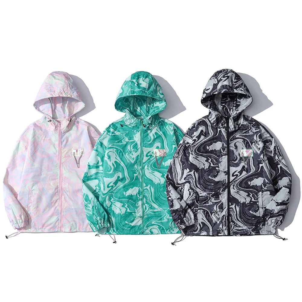 Куртка мужская с капюшоном ветровка на молнии повседневная мешковатая принтом Tie