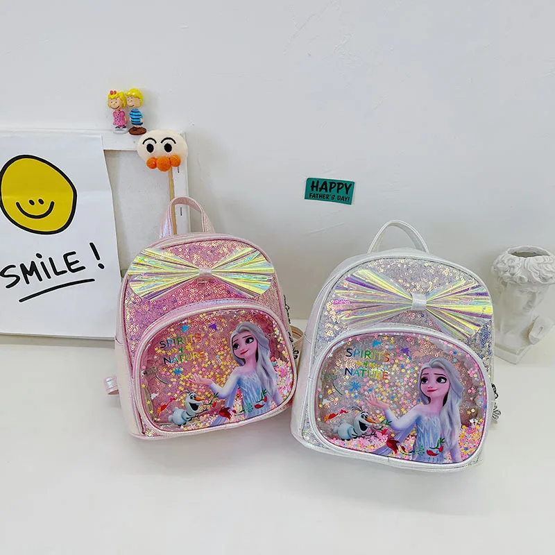 

Disney cartoon Frozen Elsa Waterproof PU Backpack Glitter School Book Bag Girls Cute Sequins Small Backpack Cute Travel Bag
