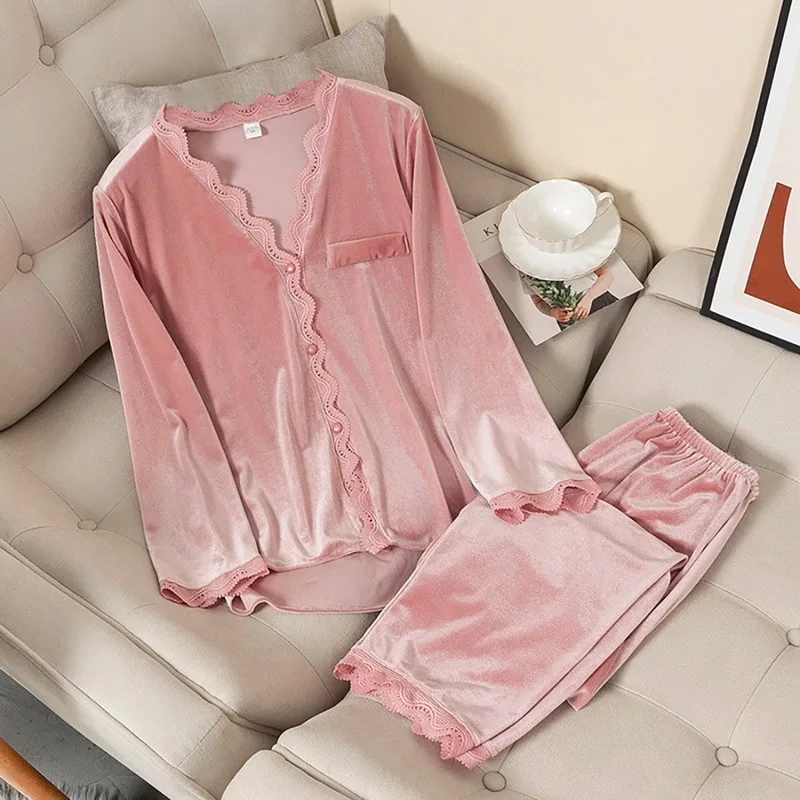 

Puimentiua Pajamas Set Women Winter Flannel Long Sleeves Thickening Plus Size Velvet Coral Fleece Autumn Home Service Suit Women