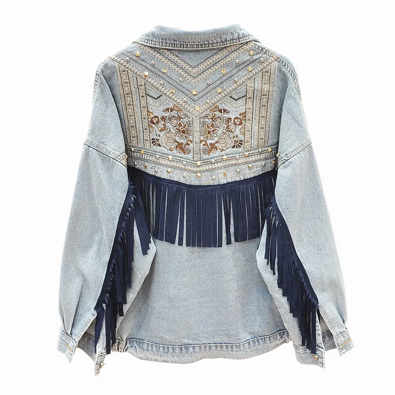 

Women's loose Season 2020 spring tassel Korean version heavy industry embroidery Denim Jacket of spring and autumn net