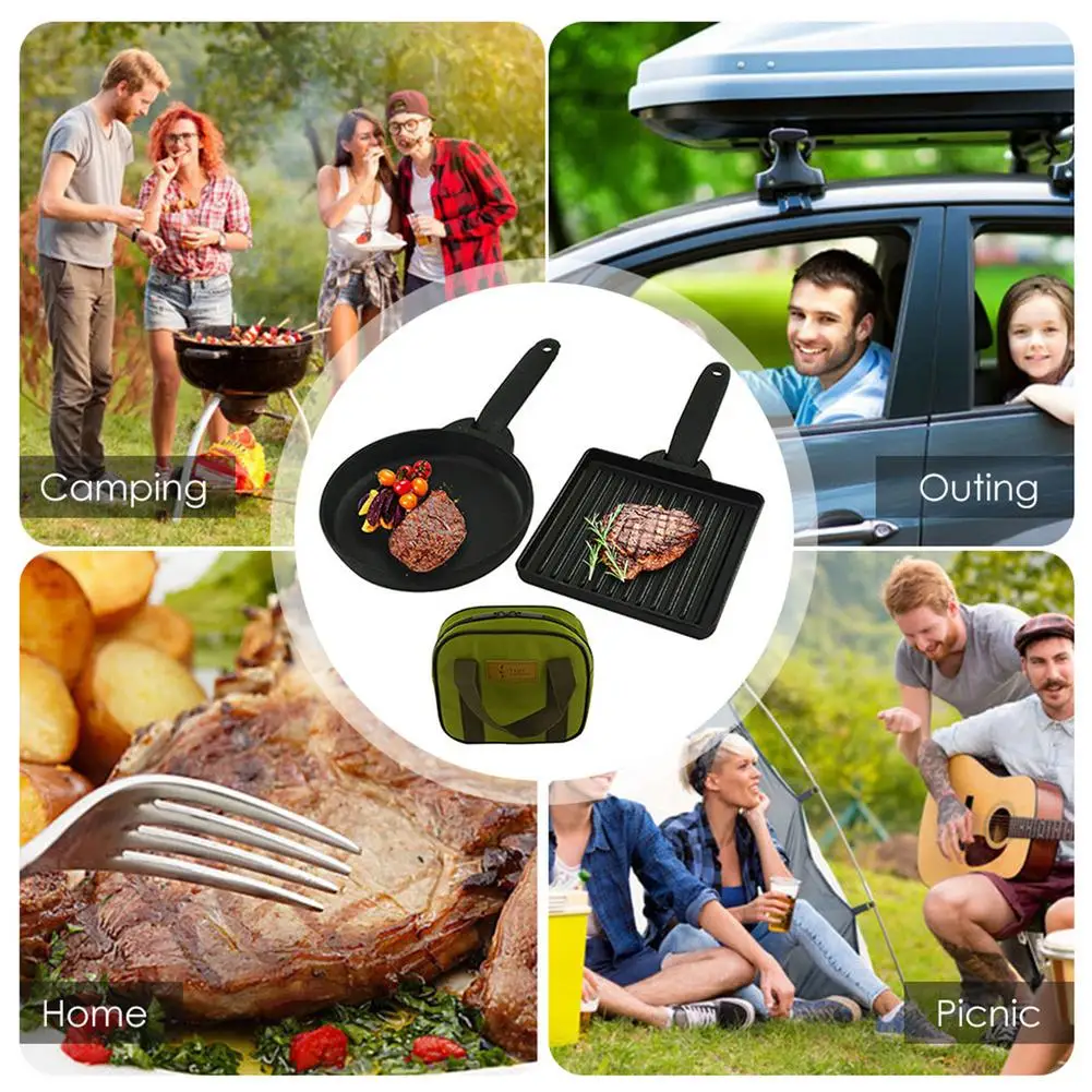 

2Pcs Detachable Outdoor Steak Cooking Frying Pans Iron Non-stick Camping Cookware Grill Cooker Pot Set w/ Portable Carrying Bag