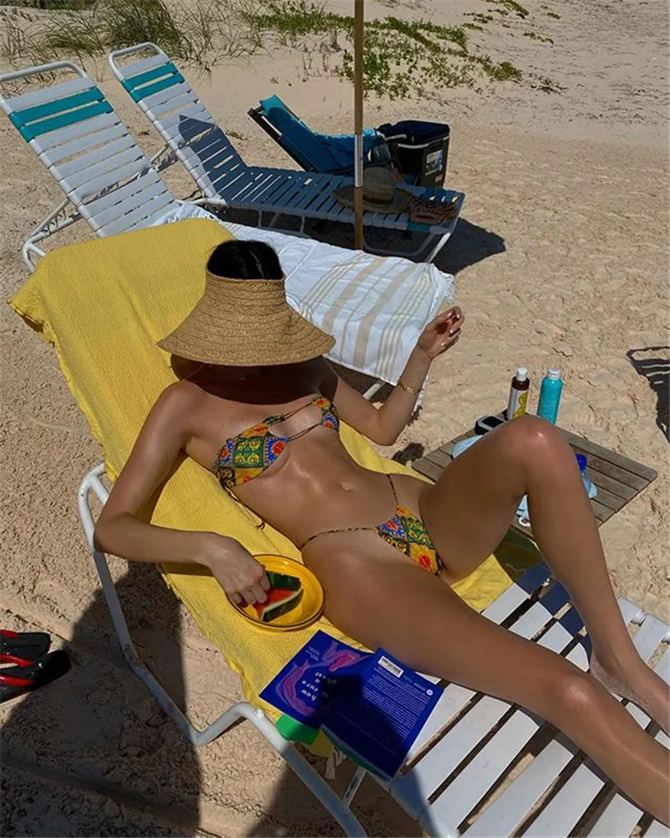 

Sexy Hollow Bikinis Printed Push Up Swimsuit Monikinis Two Piece Low Waist Thong Beachwear