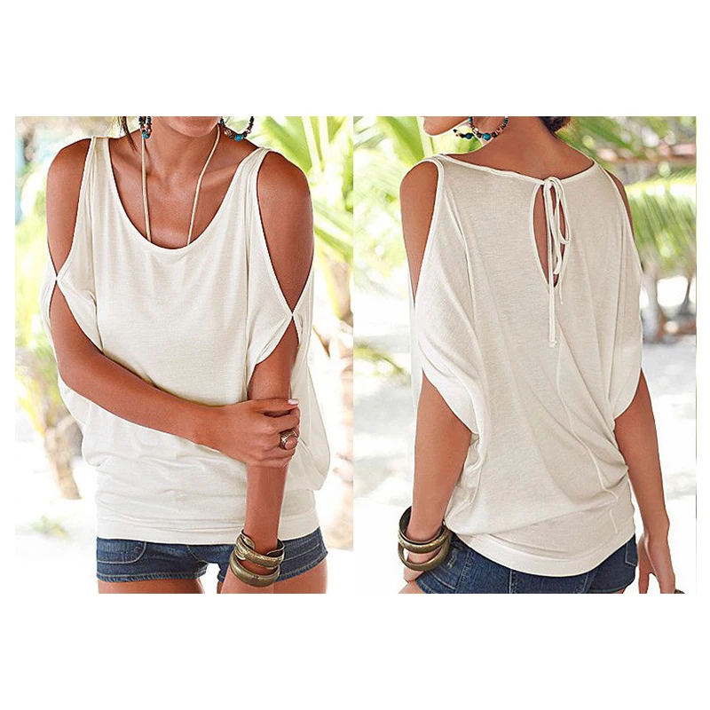 Женская блузка с коротким рукавом летучая мышь круглым вырезом и открытыми