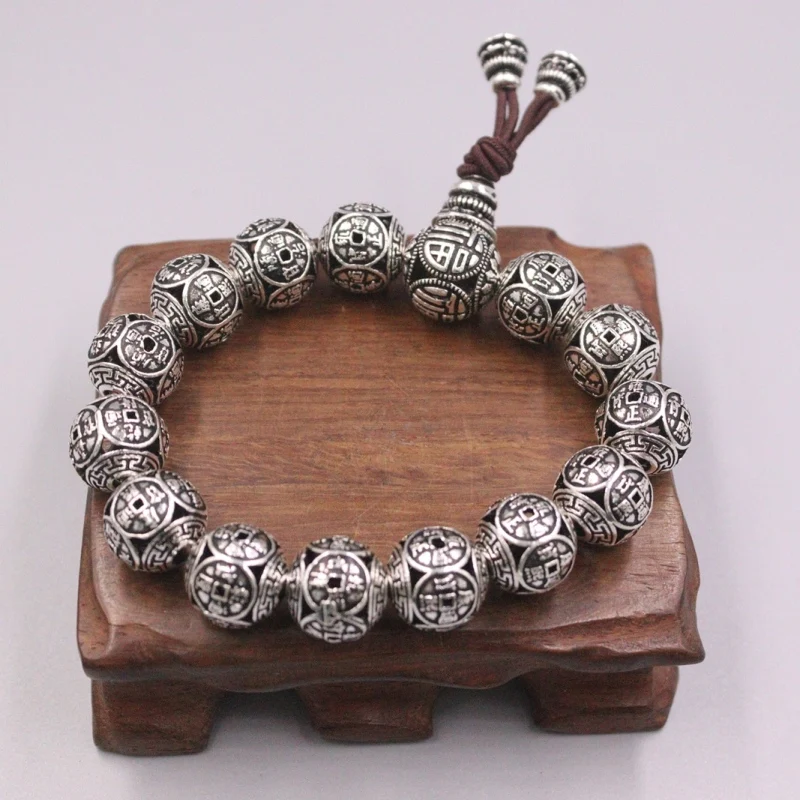 

Браслет из чистого серебра S925 пробы для мужчин и женщин, изящный браслет с бусинами и фигурками монет 14 мм, 63-64 г