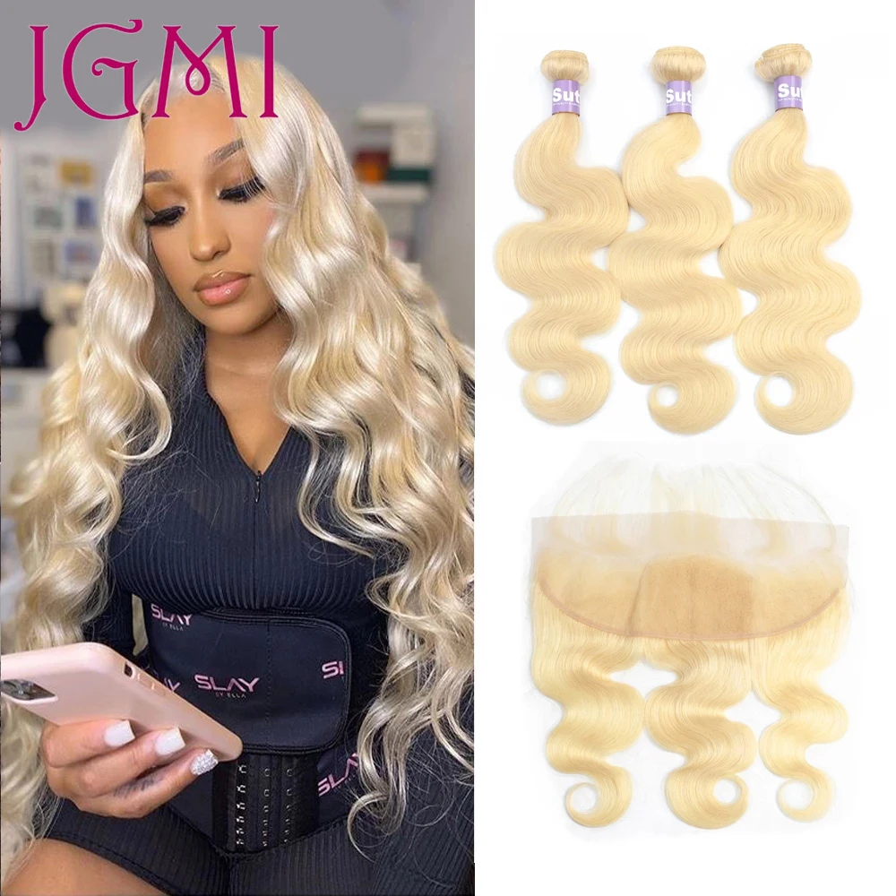 

613 Honey Blonde Human Hair Bundles With Frontal Transparent 13x4 Lace Body Wave Remy Virgin Weave for Women