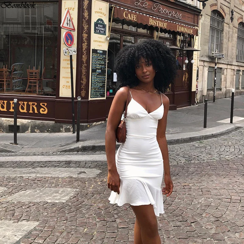 

Bomblook 2021 Solid Backless Patchwork French Romance V-neck Ruffle Slip Dress Summer Women Sexy Party Evening Dress Hot Style