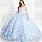 Светильник, голубое платье принцессы бальные платья 2021 с кружевными аппликациями, 3D цветы бусины с низким вырезом на спине, пышные вечерние сладкий 15 бальное платье с накидкой для девочек