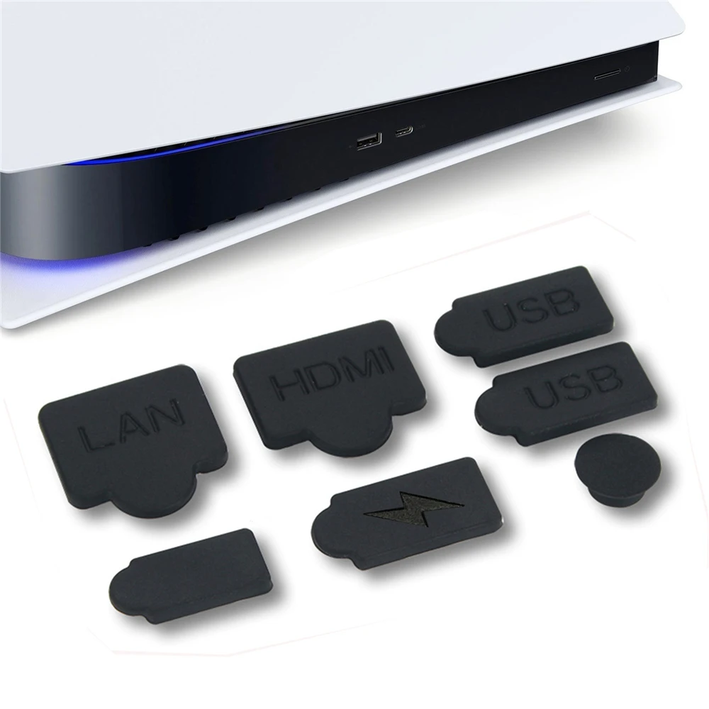 

For Playstation 5 7pcs Silicone Dust Plugs Set USB HDMI-compatible Interface Anti-Dust Cap Dustproof Cover for PS5 Game Console