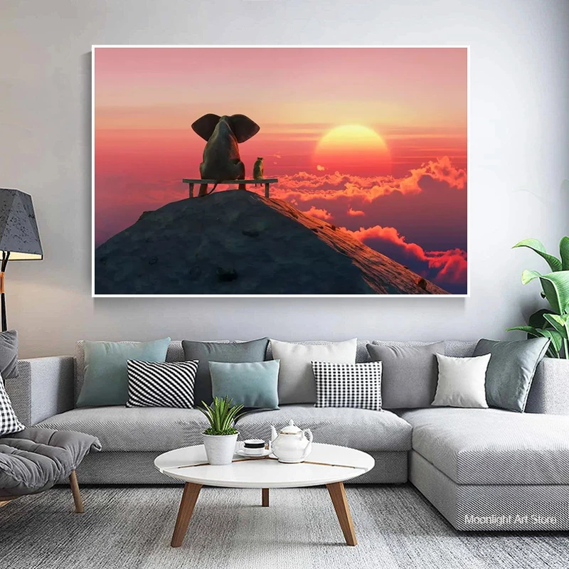 

Nordic Funny Little Elephant Canvas Painting Modern Animal Posters Prints Landscape Picture Wall Art for Kids Room Home Decor