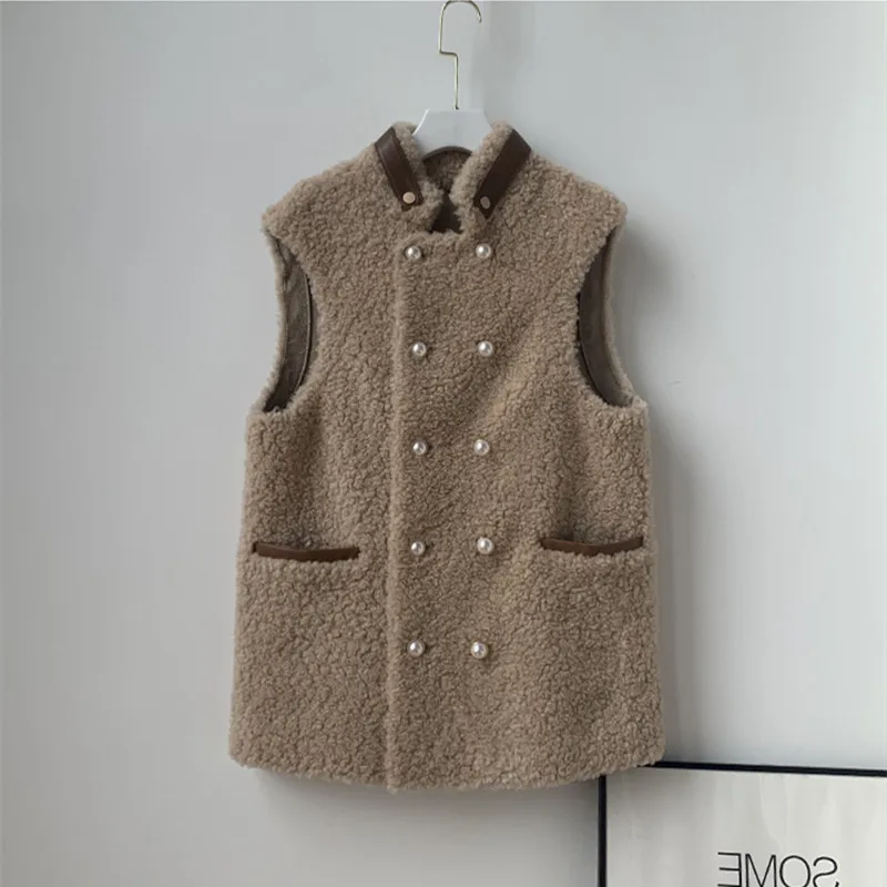 

Зимний шикарный женский шерстяной меховой кожаный жилет высокого качества с воротником-стойкой жилет из овечьей шерсти C577