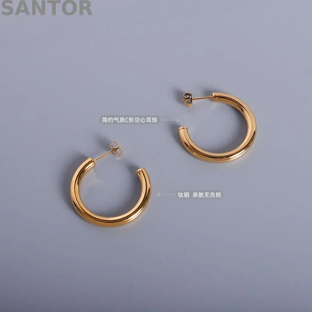 

Trendy Punk Women Jewelry Temperament Simple Hollow C-ring Earrings Female Earrings Titanium Steel Gold Plated Color Earrings