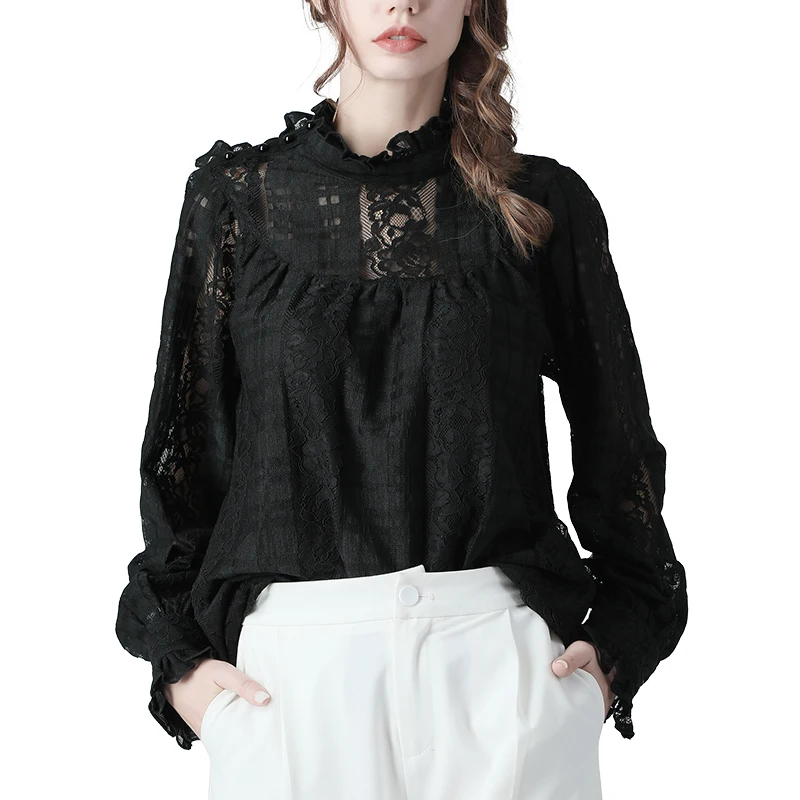 Элегантные женские черные Кружевной Топ с длинным рукавом Блузка для женщин