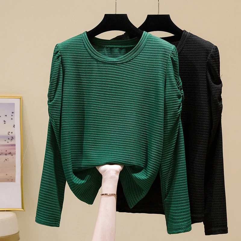

Black Green Long Sleeved Plus Size Korean Autumn Elegant Fashion Blouses And Tops Women'S Oversize T-Shirt Clothing 2021 Female