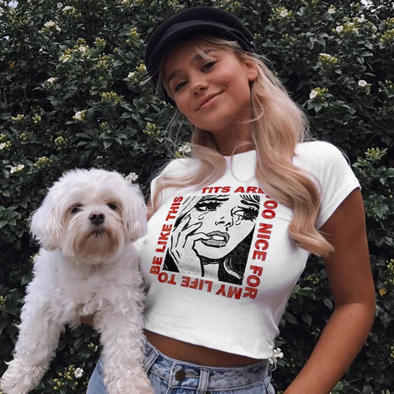 

GothGotik Sexy White Short T-Shirts For Woman Gothic Style Caricature Print Skinny Tops Summer Punk Party