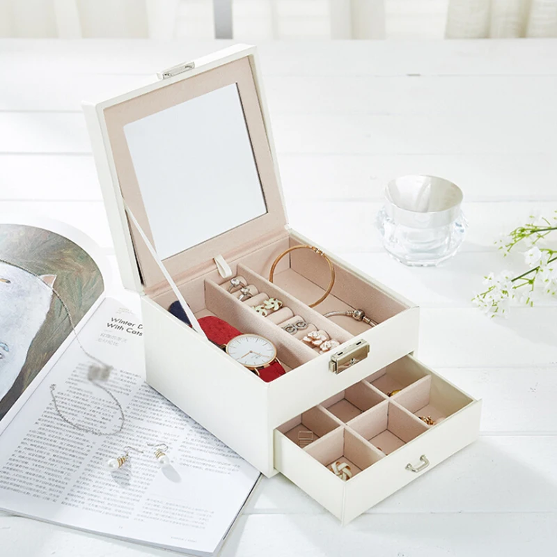 

Pu Leather Double-layer Jewelry Storage Box With Mirror Portable Multi Function Jewellry Storage Case Gift