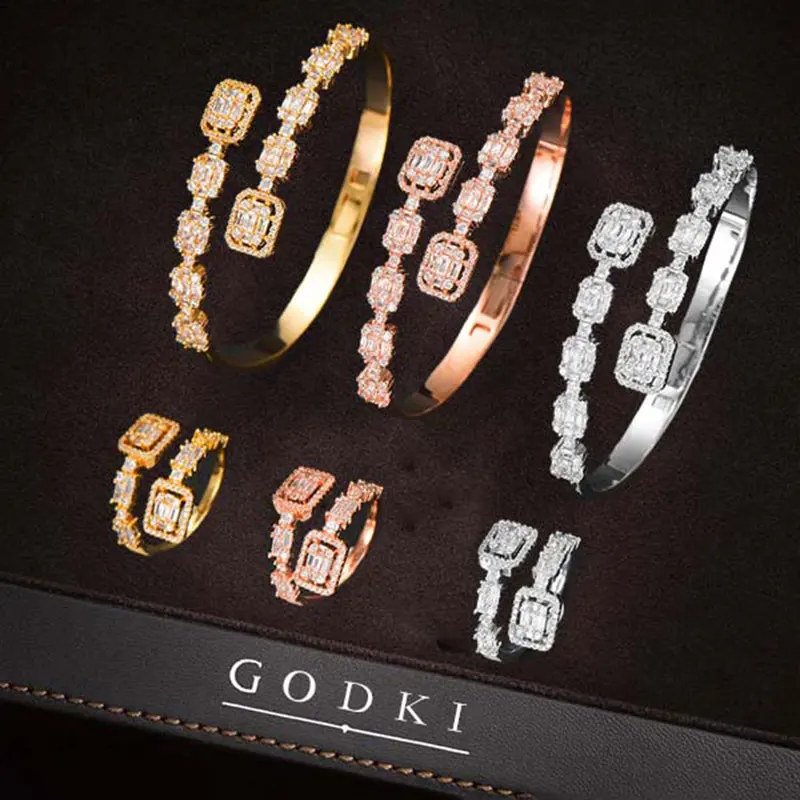 Набор браслетов и колец GODKI Trendy Luxury Baguette Stackable для женщин на свадьбу, AAA кубический цирконий, браслет Dubai Party Jewelry.