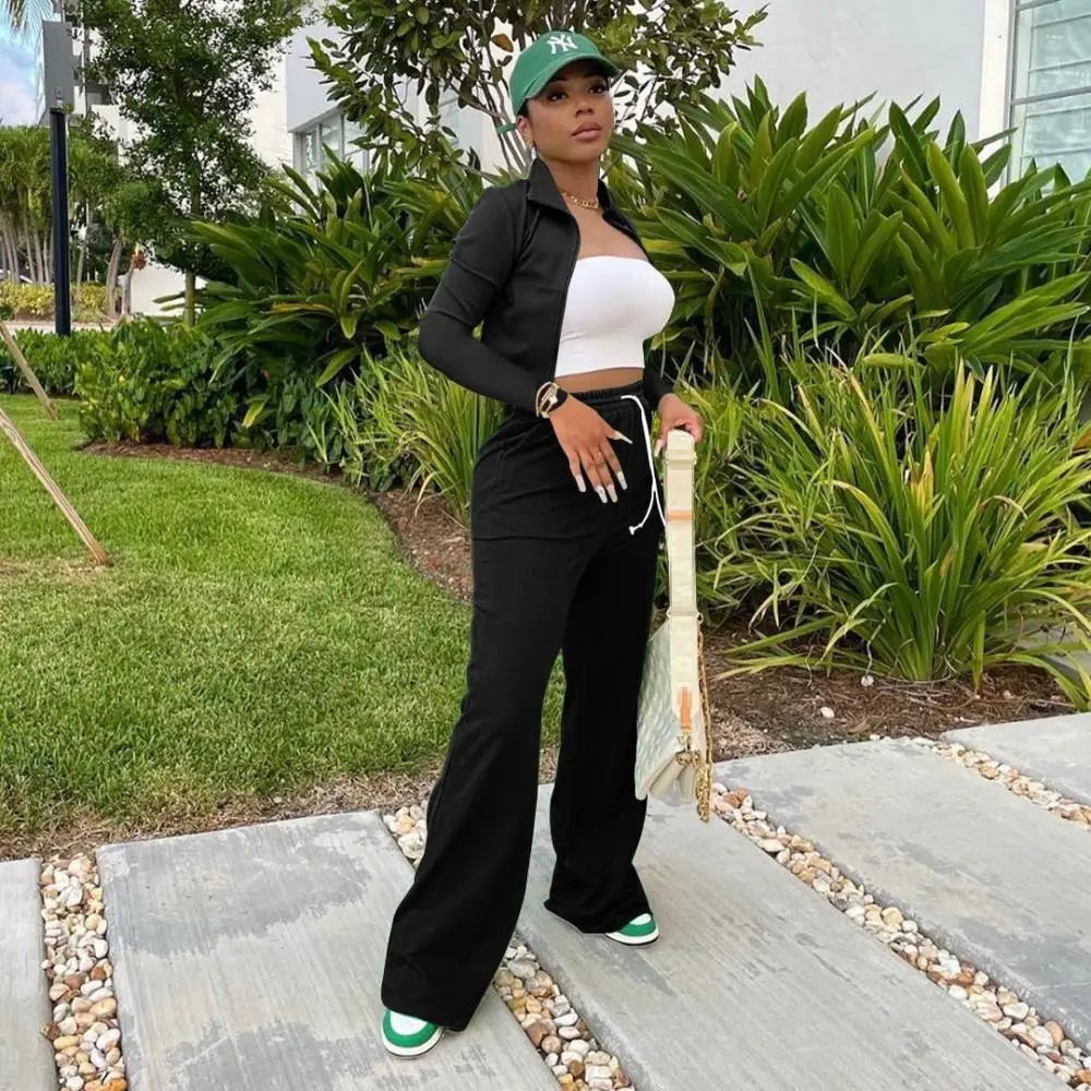 

2pcs Woman Sweat Suit Sets Solid Stand Collar Zip Coat Long Sleeve Crop Top and Drawstring Wide Leg Sweatpants Bucket Trousers