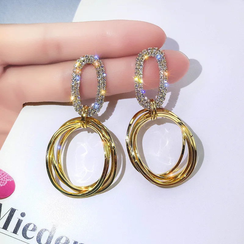 

S955 Fashion Jewelry S925 Silver Post Metal Circle Ring Earrings Rhinstone Dangle Stud Earrings