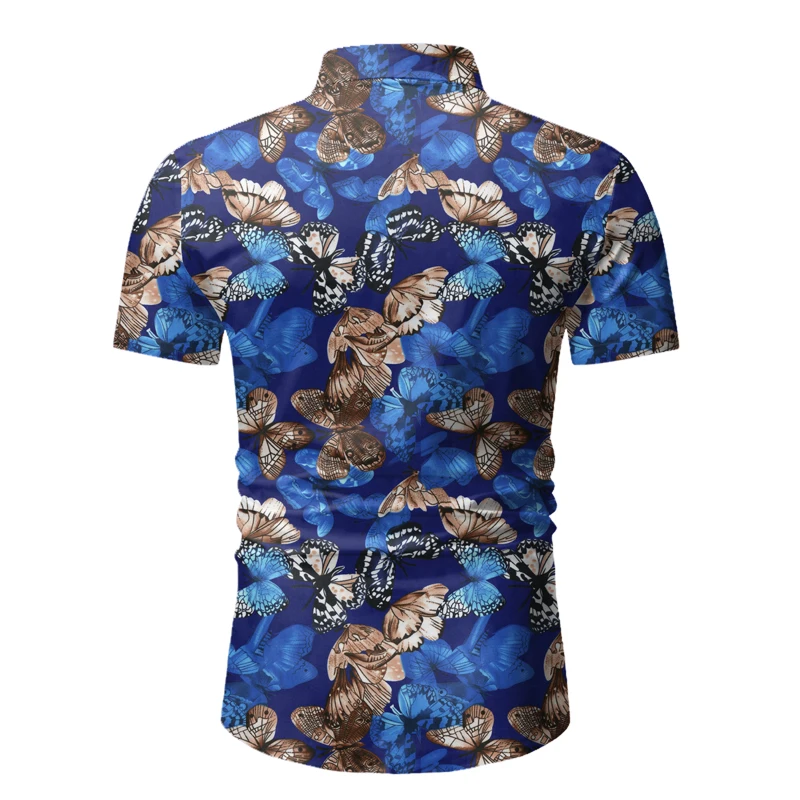 Мужская Повседневная пляжная рубашка синяя модель 2020 Облегающая с коротким