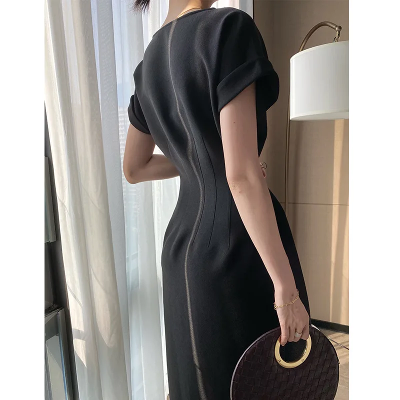 

A Sense of Sculpture White Tea Dress Temperament Goddess Style Solid Color Round Neck Splicing Slimming Long Dress Summer 2021