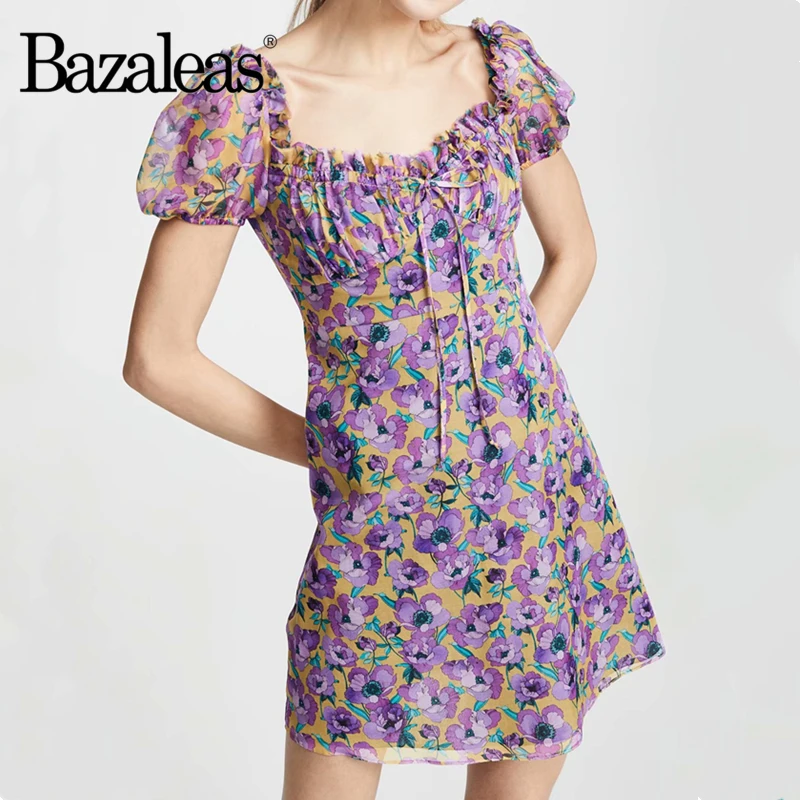 Bazaleas винтажный буф с коротким рукавом vestido элегантное Фиолетовое Женское платье