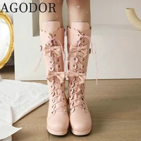 agodor cosplay boots women lolita knee high boots pink bows platform chunky heel boots sweet boots for ladies winter long boots