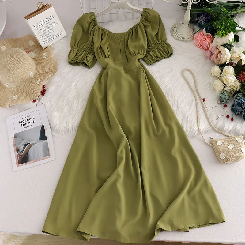 

Women's Dress French New Style Leaky Clavicle Western Style Puff Sleeve Skirt Waist Slimming Retro Knee-length Dresses GX235