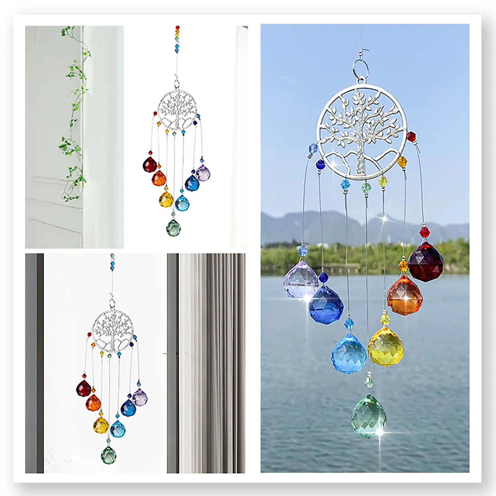 

Glass Crystal Prisms catcher Moon Tree of Life Colorful Rainbow Hanging Drop Pendant Charm for Outdoor Garden Decor Home Gift