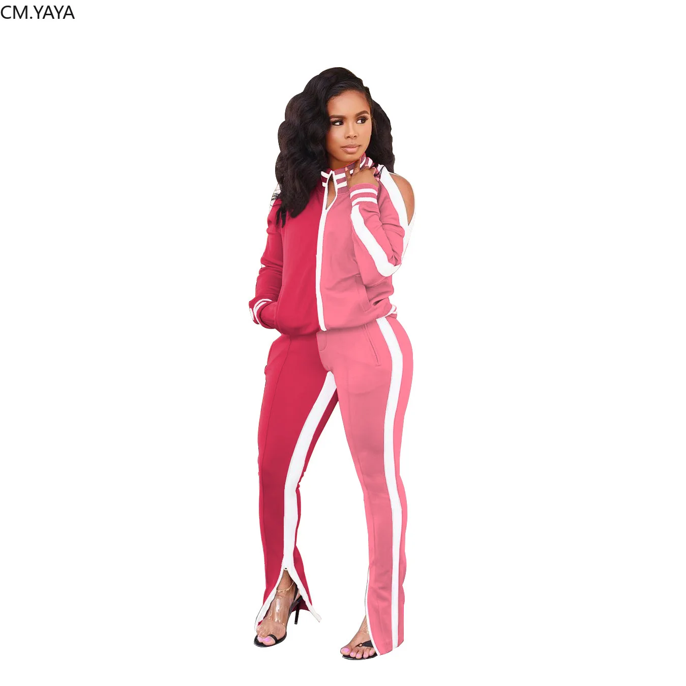 Женский костюм для активного отдыха CM.YAYA лоскутный с топом на молнии вырезами и