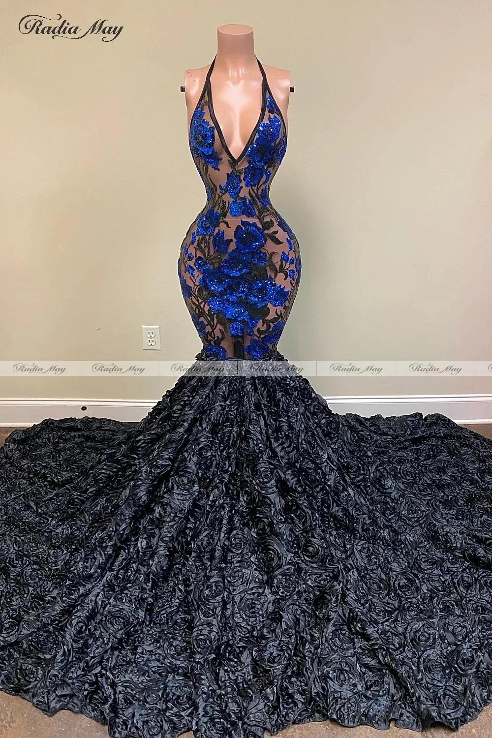 Черное и Королевское синее Цветочное платье русалки для выпускного вечера с